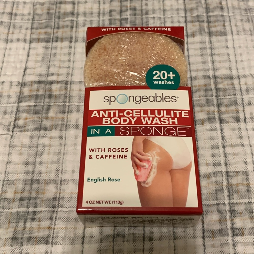 Spongeables anti-cellulite body wash in a sponge with roses and caffeine